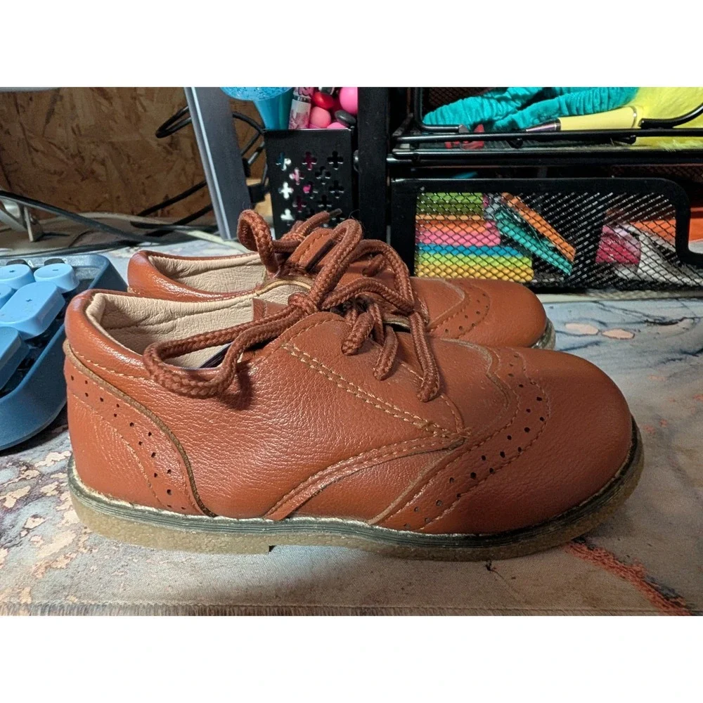 Kids Cognac Brown Wingtip Oxford Dress Shoes Brogue Lace Up Size 26 EU